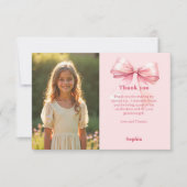 Verjaardag roze foto meisje strik bedankkaart (Voorkant)