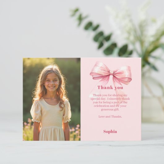 Verjaardag roze foto meisje strik bedankkaart (Staand voorkant)