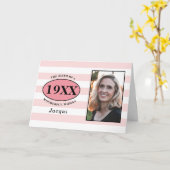 Verjaardag  Roze Girly Gestreepte Fotosjabloon Kaart (Gele Bloem)