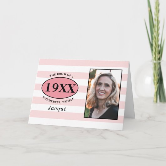 Verjaardag  Roze Girly Gestreepte Fotosjabloon Kaart (Voorkant)