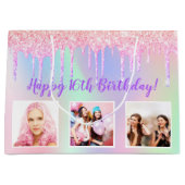 Verjaardag roze glitter aangepaste foto holografis groot cadeauzakje (Voorkant)