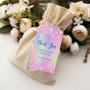 Verjaardag roze glitter holografisch dank u cadeaulabel
