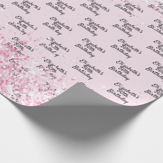 Verjaardag roze glitters naam cadeaupapier (Hoek)