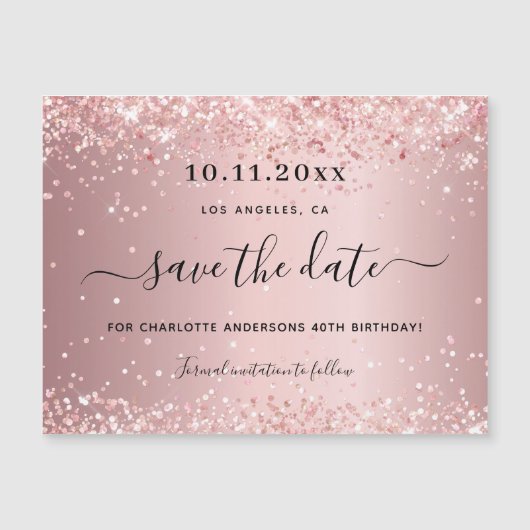 Verjaardag roze glitters 'Save the Date' magneet (Voorkant)