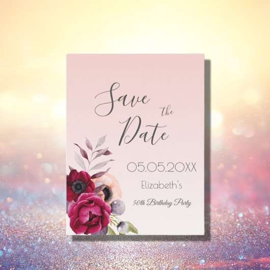 Verjaardag roze goud blozende bloem Save the Date Briefkaart