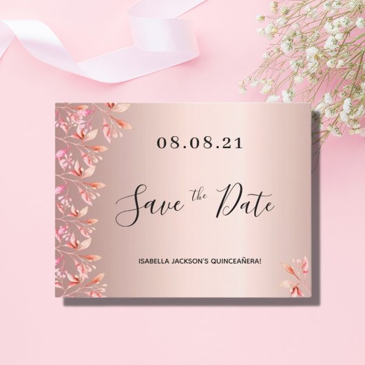 Verjaardag roze goud roze bloemen save the date briefkaart