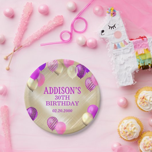 Verjaardag roze gouden ballonnen papieren bordje (Feest)