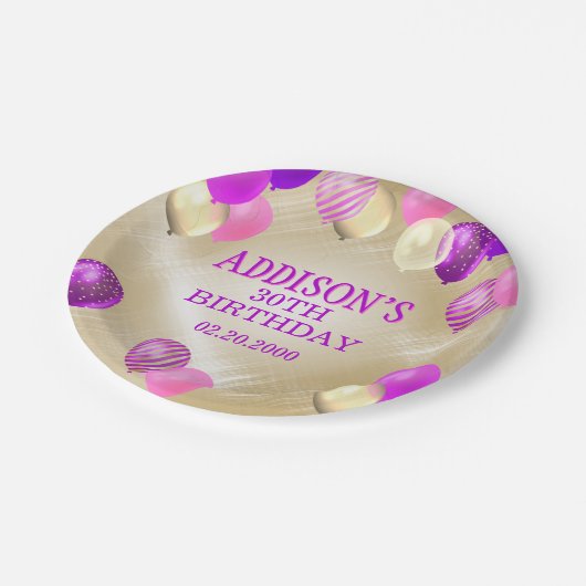 Verjaardag roze gouden ballonnen papieren bordje (Gekanteld)