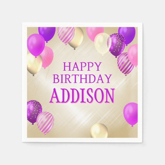 Verjaardag roze gouden ballonnen servet (Voorkant)