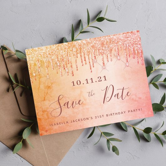 Verjaardag roze gouden glitter save the date briefkaart