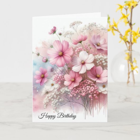 Verjaardag Roze Kosmos Boeket Kaart (Gele Bloem)