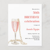 Verjaardag roze mousserende wijn parels uitnodigin (Voorkant)