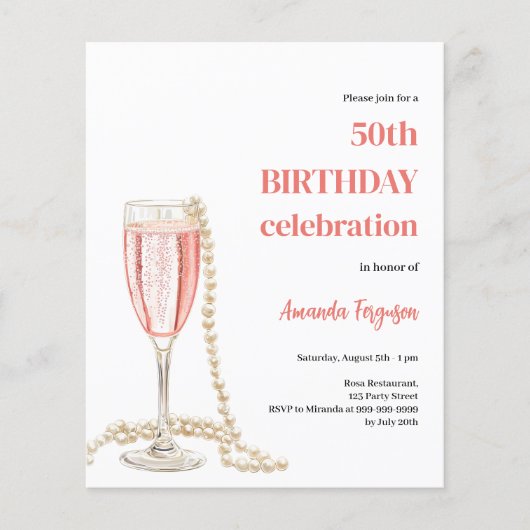 Verjaardag roze mousserende wijn parels uitnodigin (Voorkant)