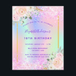 Verjaardag roze paarse bloemen holografische uitno<br><div class="desc">Een meisjesachtige en vrouwelijke 18e (of elke leeftijd) verjaardagsfeestuitnodiging. Aan de voorzijde: Een holografische gekleurde achtergrond in paarse,  roze,  mintgroen. Versierd met blush roze confetti. Personaliseer en voeg een naam en partijgegevens toe. De naam is geschreven met een handgeschreven stijlschrift,  paarse gekleurde letters.</div>