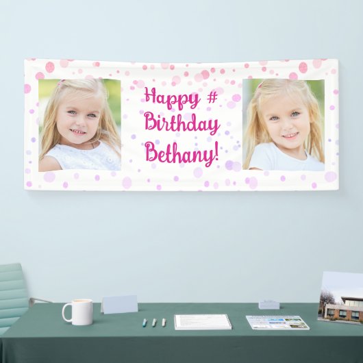 Verjaardag Roze Paarse Confetti 2 Foto gepersonali Spandoek (Beurs)