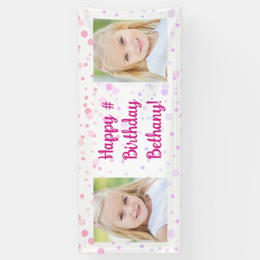 Verjaardag Roze Paarse Confetti 2 Foto gepersonali Spandoek (Verticaal)