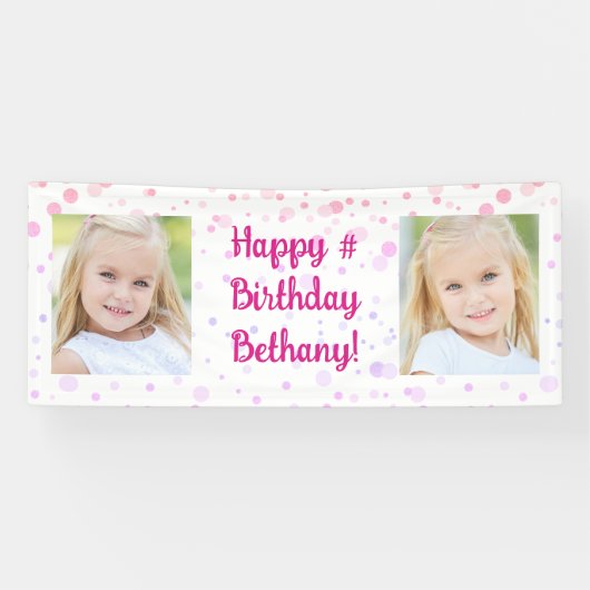 Verjaardag Roze Paarse Confetti 2 Foto gepersonali Spandoek (Horizontaal)