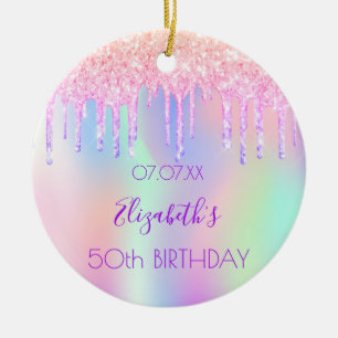 Verjaardag roze paarse druppels holografisch keramisch ornament