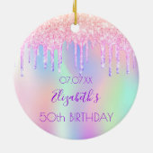 Verjaardag roze paarse druppels holografisch keramisch ornament (Achterkant)