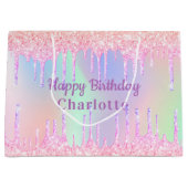 Verjaardag roze paarse glitter druppels holografis groot cadeauzakje (Voorkant)
