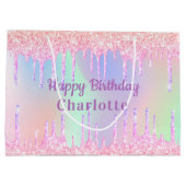 Verjaardag roze paarse glitter druppels holografis groot cadeauzakje (Achterkant)