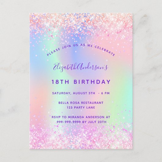 Verjaardag roze paarse holografisch uitnodiging briefkaart (Voorkant)