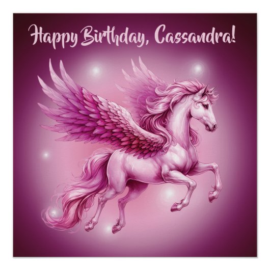 Verjaardag Roze Pegasus Fantasy Design Glossy Perfect Poster (Voorkant)