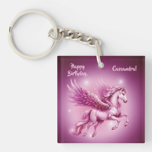 Verjaardag Roze Pegasus Fantasy Design Sleutelhanger (Voorkant)