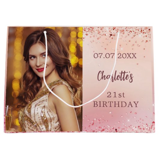 Verjaardag roze rosé gouden foto groot cadeauzakje (Voorkant)