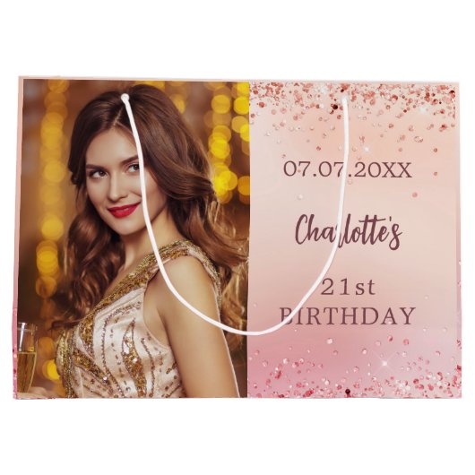 Verjaardag roze rosé gouden foto groot cadeauzakje (Achterkant)