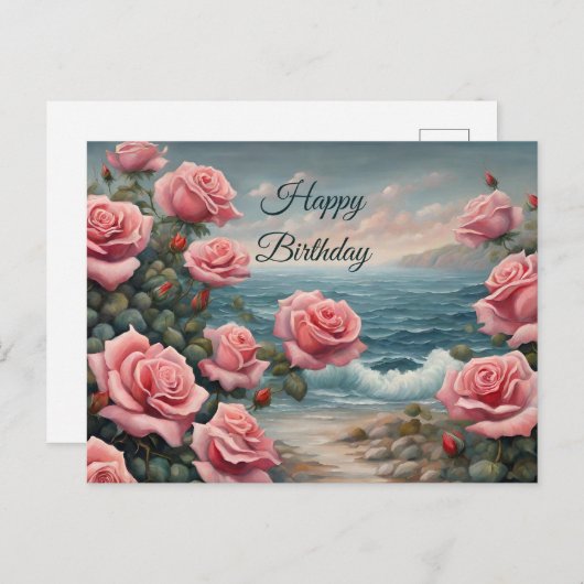 Verjaardag Roze Rozen aan de Oceaan  Briefkaart