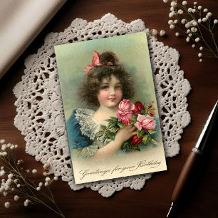 Verjaardag Roze Rozen Meisje 1904 Vintage Briefkaart