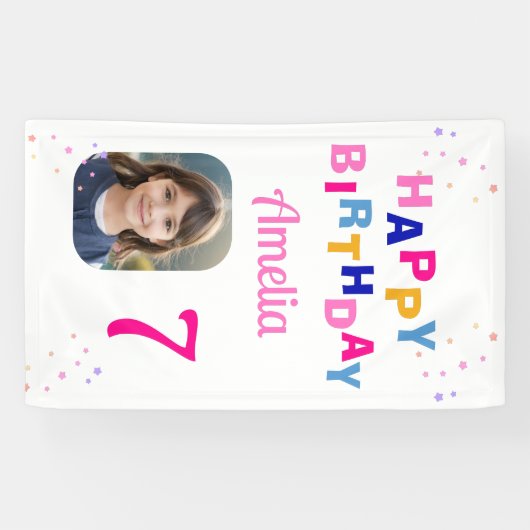 Verjaardag Roze Sterren Meisje Foto Achtergrond  Spandoek (Horizontaal)