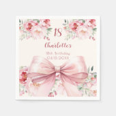 Verjaardag roze strik crème bloemen rozen servet (Voorkant)