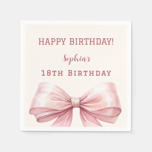 Verjaardag roze strik crème servet (Voorkant)