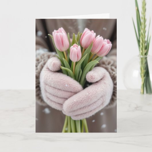 Verjaardag roze tulpen met sneeuwvlokken kaart (Voorkant)