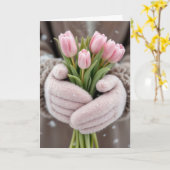 Verjaardag roze tulpen met sneeuwvlokken kaart (Gele Bloem)