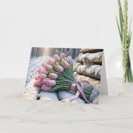 Verjaardag roze tulpen op een besneeuwde bank kaart