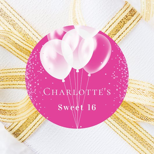 Verjaardag roze witte ballonnen meisje ronde sticker