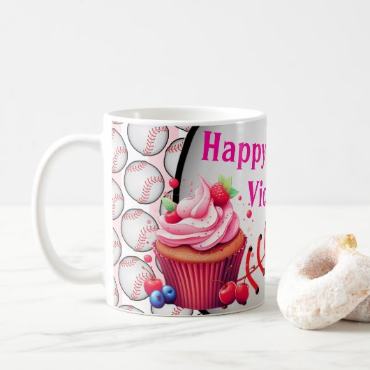 Verjaardag Roze & Witte Streep Honkbal Koffiemok (Met donut)