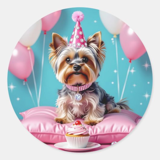 Verjaardag Roze Yorkie Ronde Sticker (Voorkant)