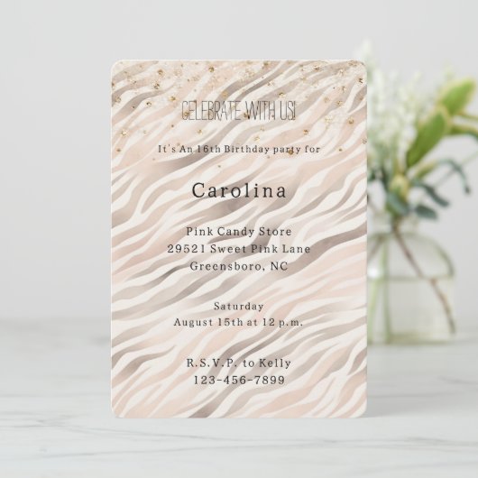 Verjaardag Roze Zebra Goud Confetti Glitters Feest Kaart (Staand voorkant)