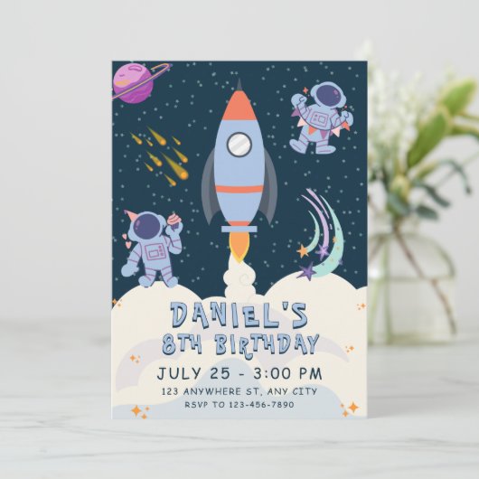 Verjaardag ruimteavontuur met raket en astronaut kaart (Staand voorkant)