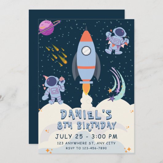 Verjaardag ruimteavontuur met raket en astronaut kaart (Voorkant / Achterkant)