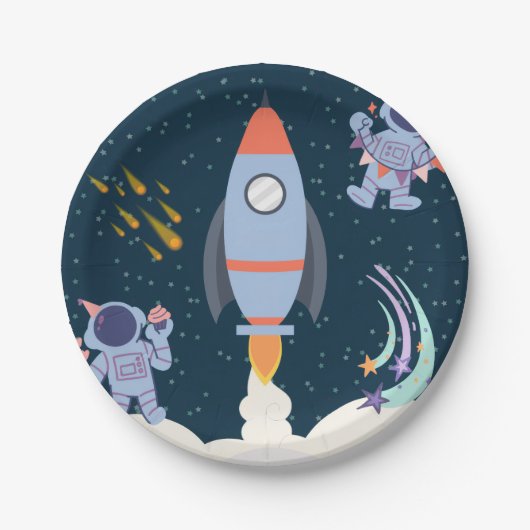 Verjaardag ruimteavontuur met raket en astronaut papieren bordje (Voorkant)