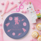 Verjaardag ruimtekat roze melkweg papieren bordje (Feest)