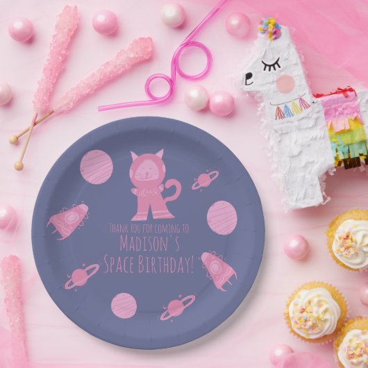 Verjaardag ruimtekat roze melkweg papieren bordje (Feest)