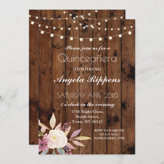 Verjaardag Rustieke Hout Quinceanera Bloem Uitnodi Kaart (Voorkant / Achterkant)
