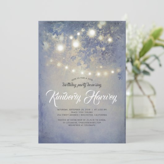 Verjaardag Rustieke Tuin Lichten Stoffig Blauw Kaart (Staand voorkant)