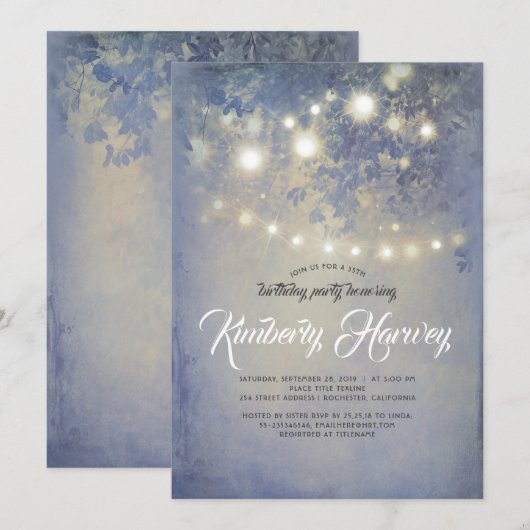 Verjaardag Rustieke Tuin Lichten Stoffig Blauw Kaart (Voorkant / Achterkant)